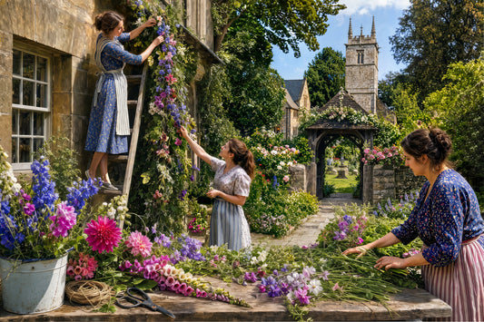 Flower Day 1000-piece British village jigsaw puzzle with delphiniums, dahlias, sweet peas and a flower garland on stone.