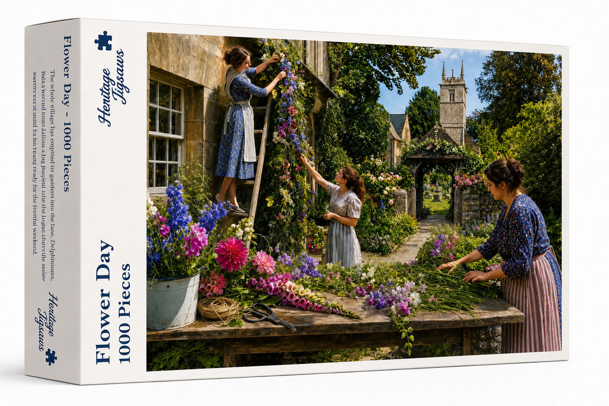 Flower Day 1000-piece jigsaw puzzle box from the Heritage Jigsaws Heritage Village Range, showing the flower festival lane.