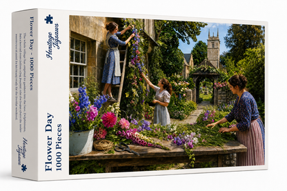Flower Day 1000-piece jigsaw puzzle box from the Heritage Jigsaws Heritage Village Range, showing the flower festival lane.