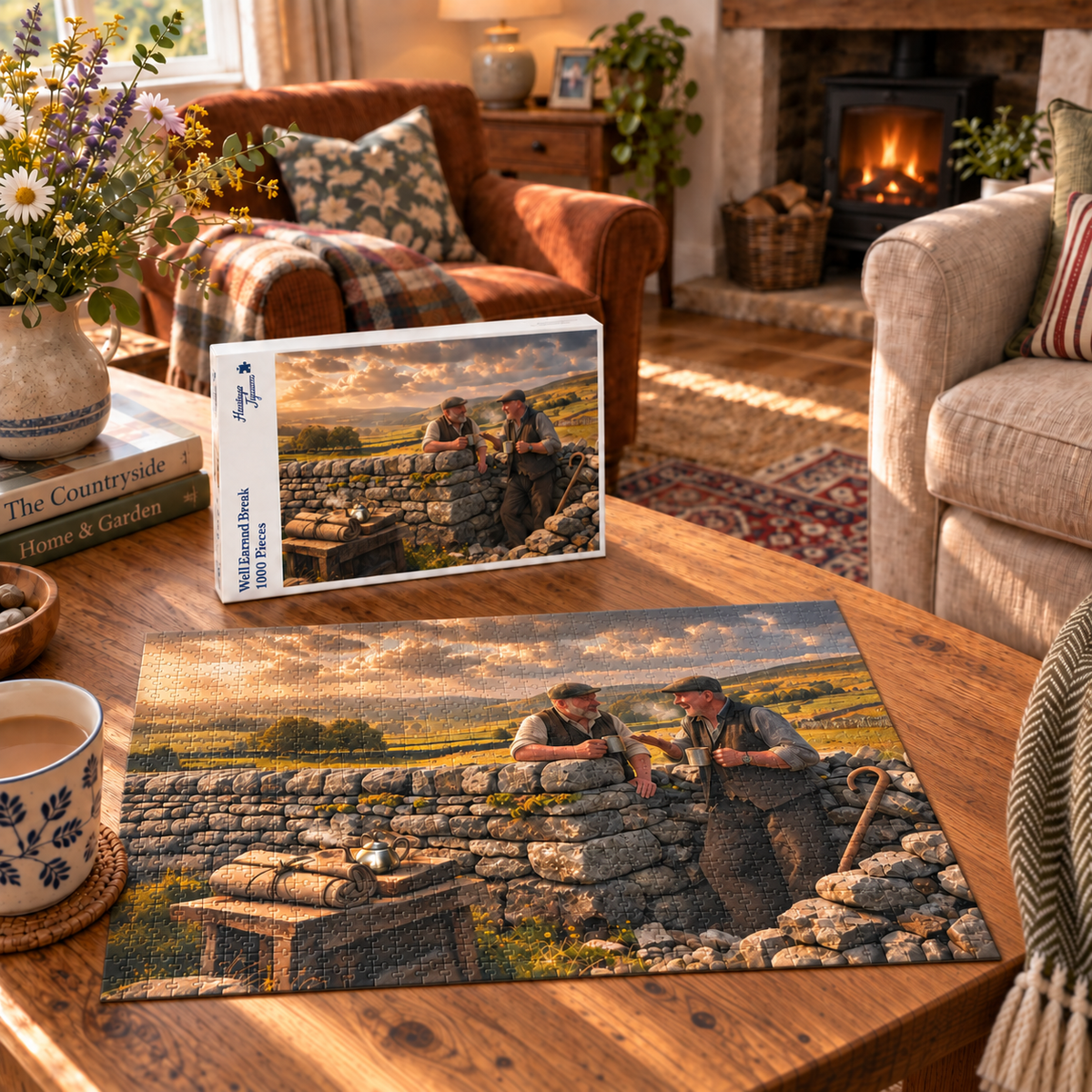 Well Earned Break 1000 piece jigsaw box and completed puzzle on a coffee table, showing two men in flat caps sharing tea over a half-built dry stone wall in evening light