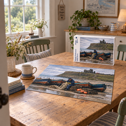 Whitby Fisherman 1000 piece jigsaw box and completed puzzle on a pine table, showing a fisherman mending nets among beached cobles and lobster pots below Whitby Abbey