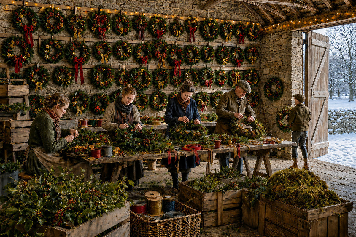 The Wreath Makers 1000-piece British Christmas jigsaw puzzle with holly wreaths, fir, ribbon and a stone barn workshop.