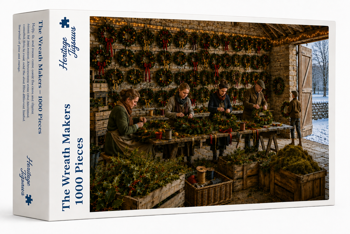 The Wreath Makers 1000-piece jigsaw puzzle box from the Heritage Jigsaws Christmas range, showing the wreath workshop scene.