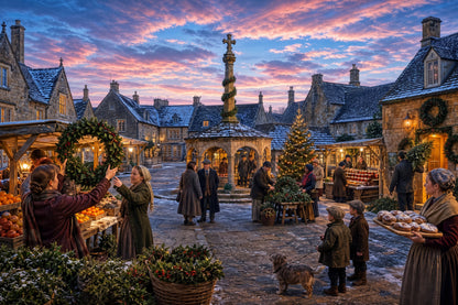 The Christmas Market 1000-piece British Christmas jigsaw puzzle with lit stalls, market cross, tree and snow covered roofs.