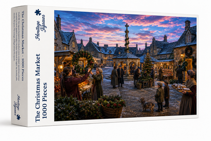 The Christmas Market 1000-piece jigsaw puzzle box from the Heritage Jigsaws Christmas range, showing the snowy market square.