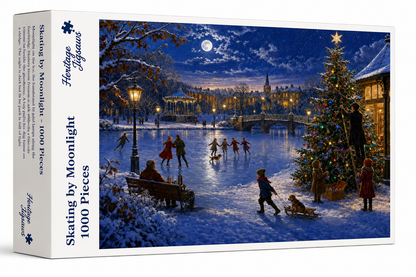 Skating by Moonlight 1000-piece jigsaw puzzle box from the Heritage Jigsaws Christmas range, showing the moonlit skating scene.