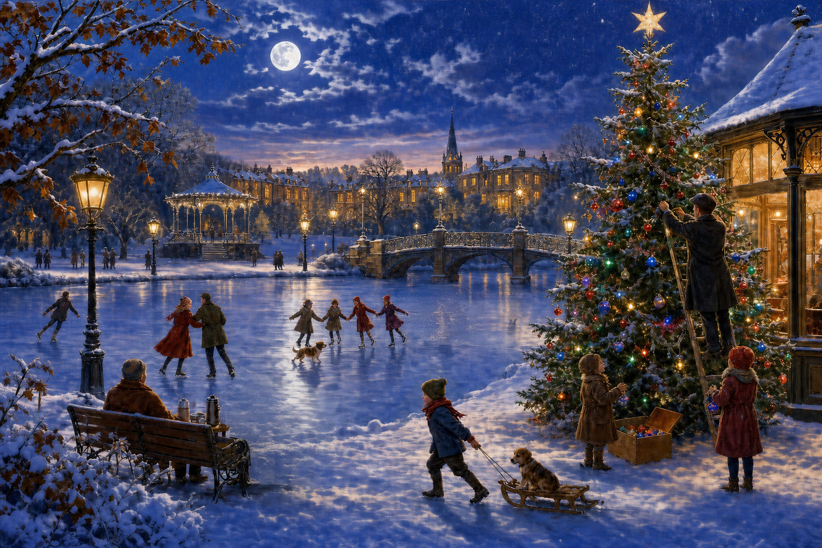 Skating by Moonlight 1000-piece British Christmas jigsaw puzzle with skaters, frozen lake, lit bandstand and lamplit footbridge.
