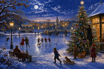 Skating by Moonlight 1000-piece British Christmas jigsaw puzzle with skaters, frozen lake, lit bandstand and lamplit footbridge.