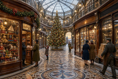 The Christmas Arcade 1000-piece British Christmas jigsaw puzzle with a glass roofed arcade, lit shopfronts and toyshop window.