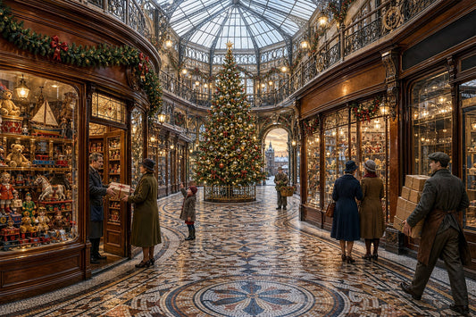 The Christmas Arcade 1000-piece British Christmas jigsaw puzzle with a glass roofed arcade, lit shopfronts and toyshop window.