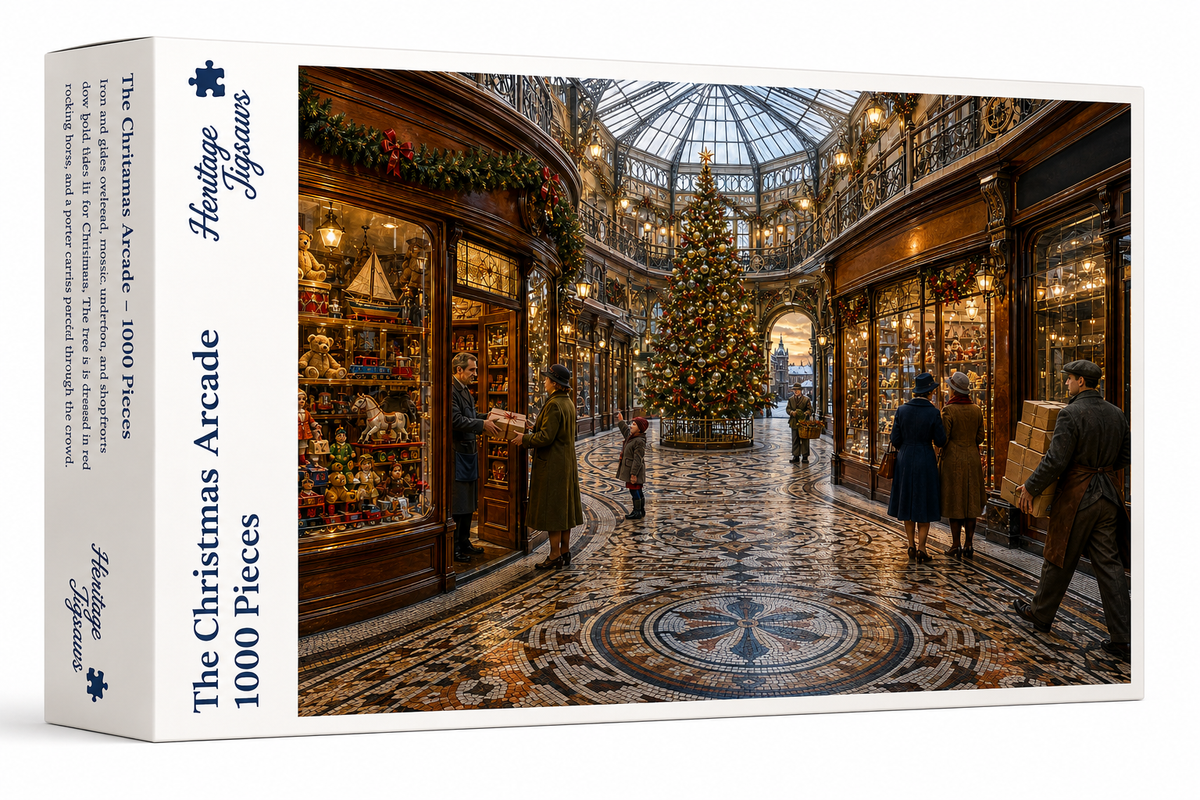 The Christmas Arcade 1000-piece jigsaw puzzle box from the Heritage Jigsaws Christmas range, showing the Victorian arcade scene.