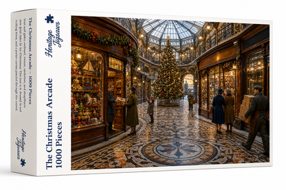 The Christmas Arcade 1000-piece jigsaw puzzle box from the Heritage Jigsaws Christmas range, showing the Victorian arcade scene.